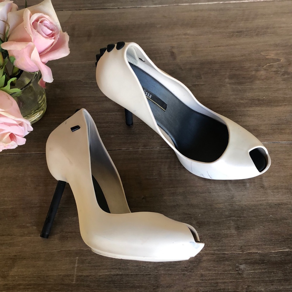Melissa Ivory Peep-Toe High Heels with Black Heel Accents